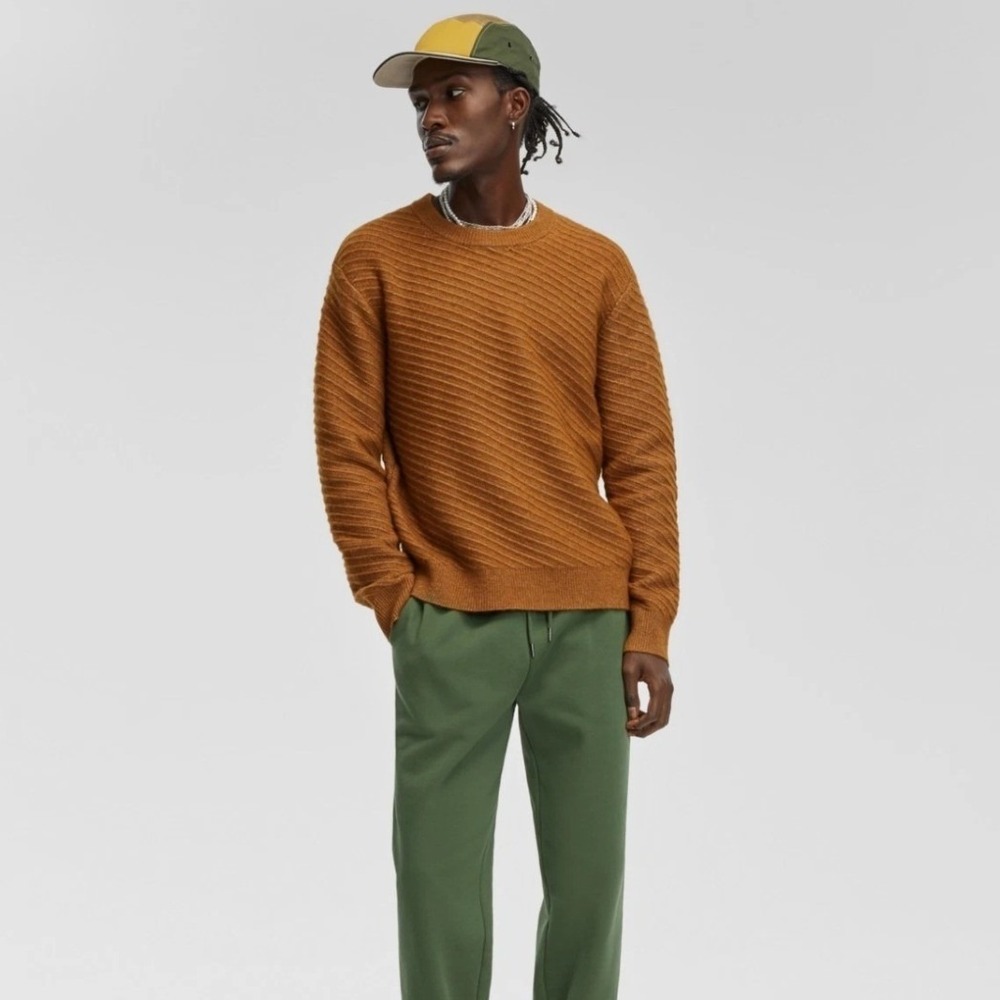 Mode of One Mens Relaxed‎ Fit Diagonal Texture Sweater French Vicuna Brown Small